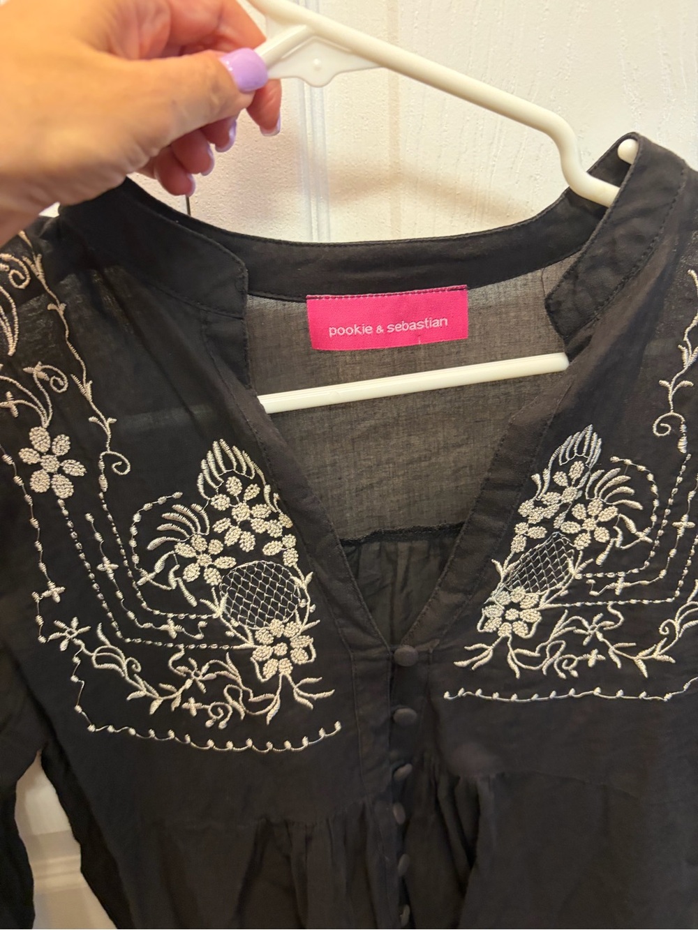 Pookie & Sebastian Black Embroidered V-Neck Peasant Blouse